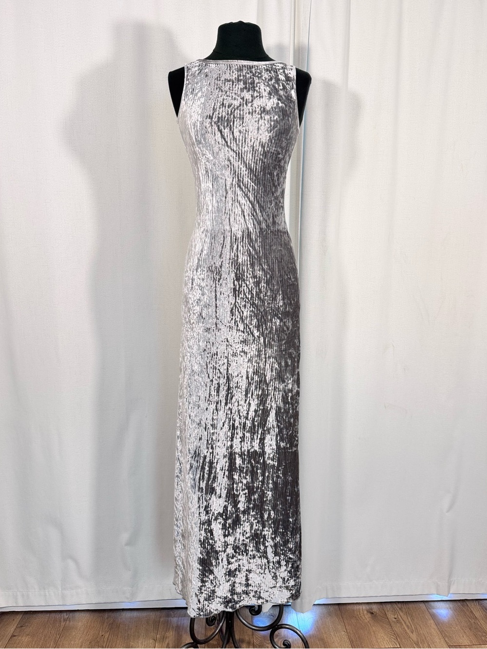 Vintage Silver Crushed Velvet Maxi Dress
